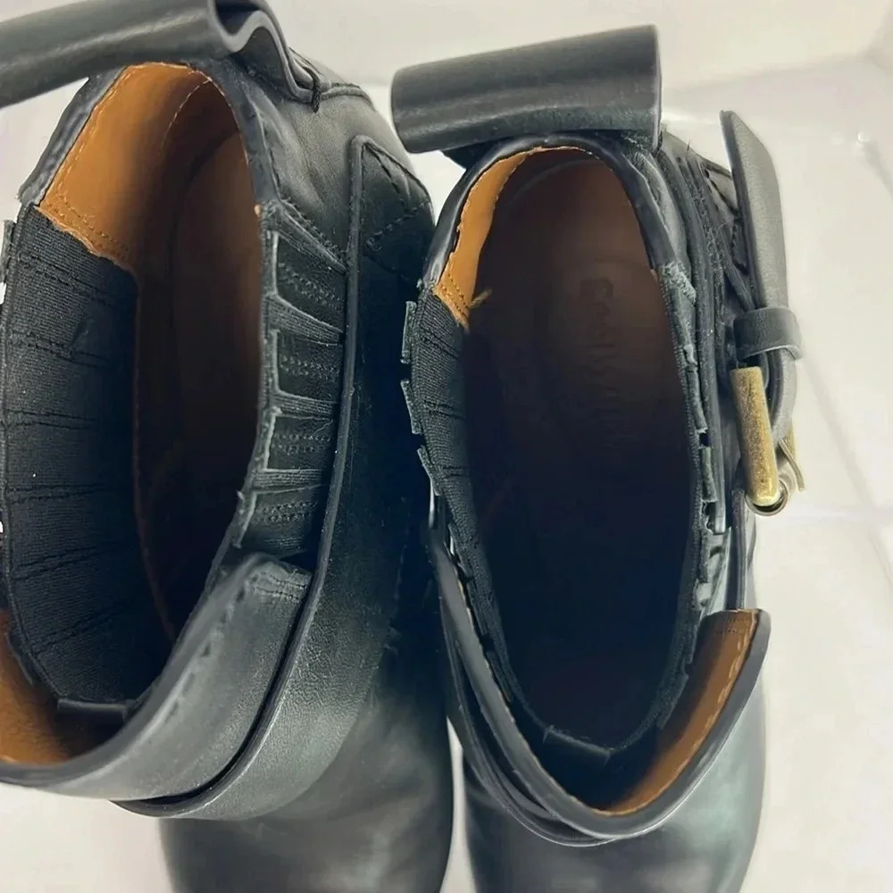 See By Chloe Black Cappa Leather Chelsea Ankle Booties Buckle Stacked Heel Sz 38
